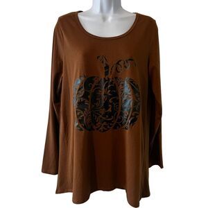 LuLaRoe Brown Black Pumpkin Long Sleeve Tunic High‎ Low Size L Autumn Fall
